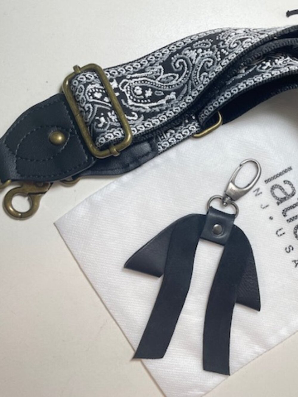 Latico Black Bag Bow Charm + Embroidered Strap NEW